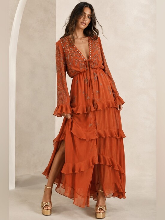 ASOS Dresses & Skirts - ASOS DESIGN Embellished Boho Maxi Dress Rust Orange NWT Size 10